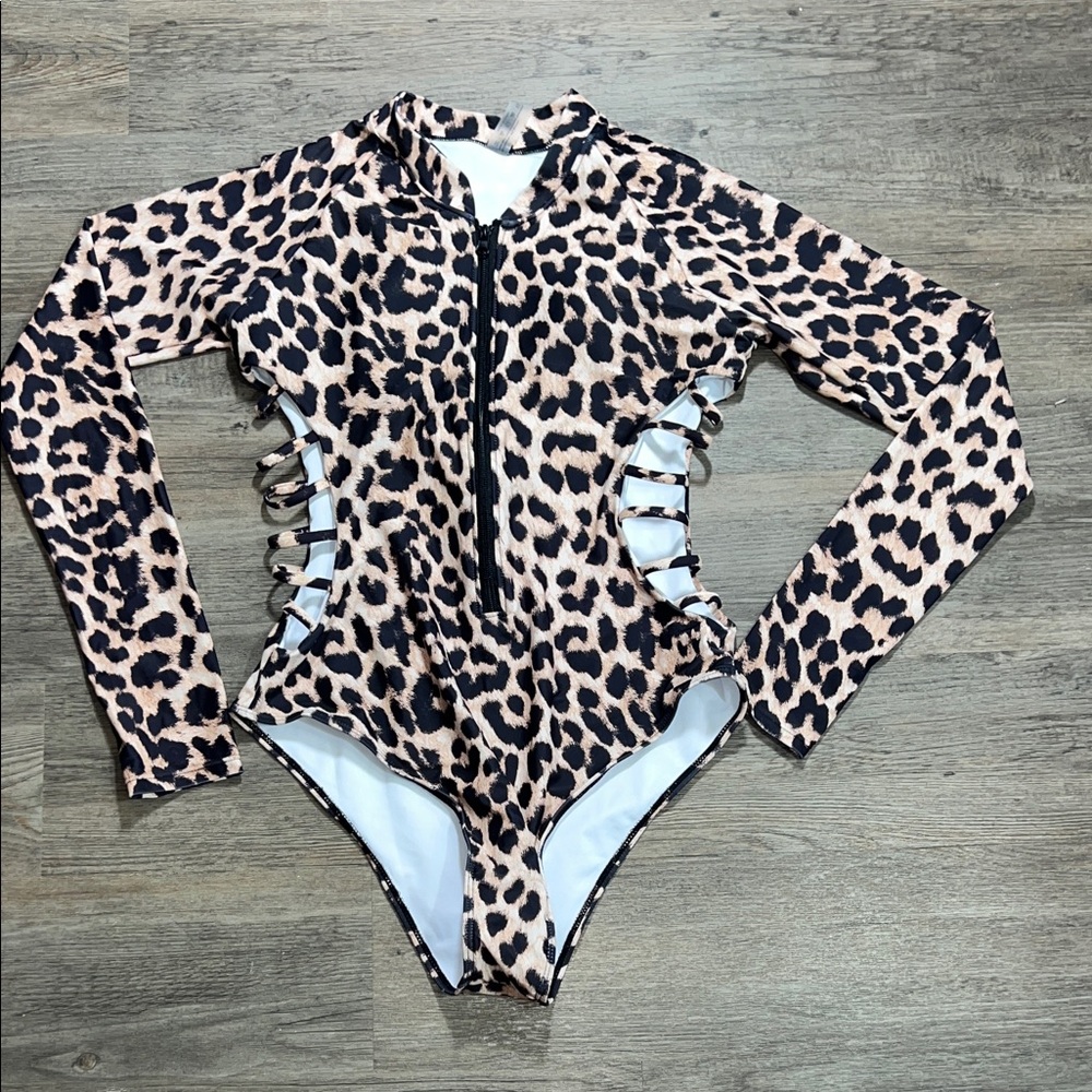 SHEIN Leopard Print Long Sleeve Cutout One-Piece Swimsuit - Tan & Black
